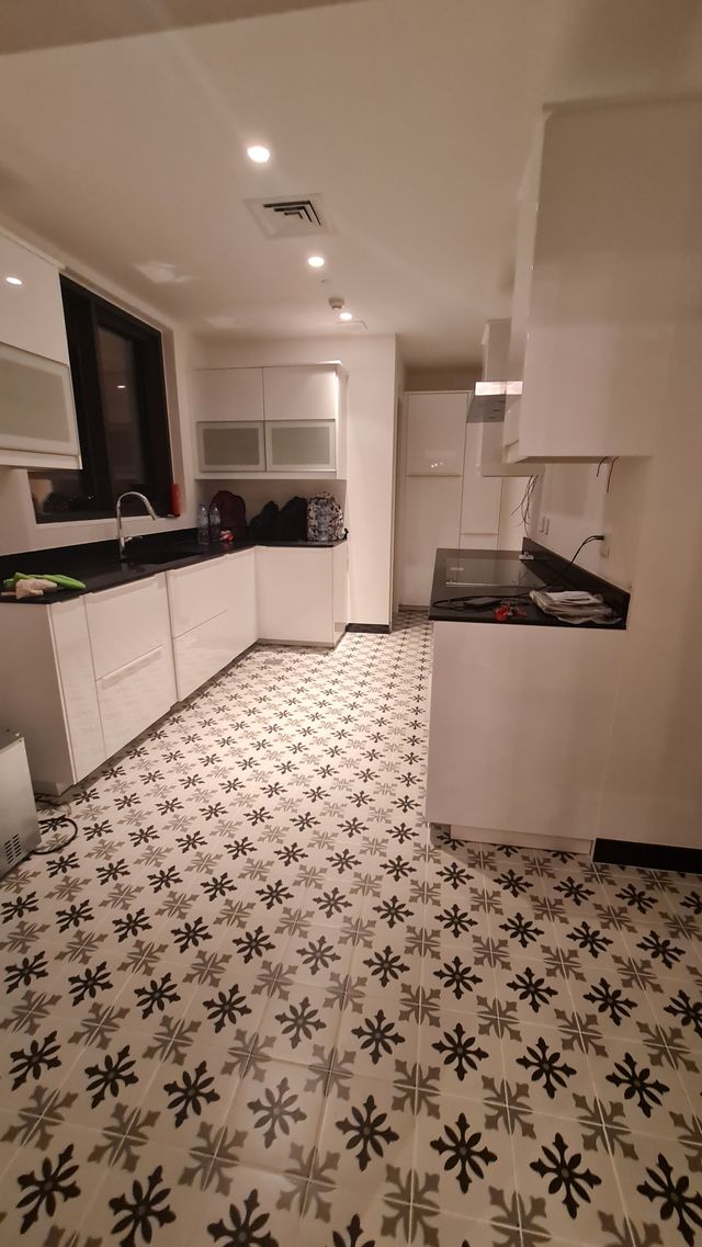 White kitchen with a patterned floor